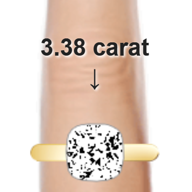 3.38ct cushion diamond (8.74&times;8.74mm) shown on ring and finger