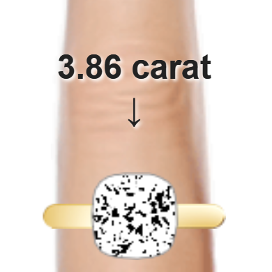 3.86ct cushion diamond (9.14&times;9.14mm) shown on ring and finger