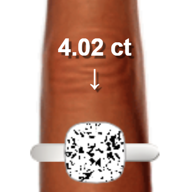 4.02ct cushion diamond (9.26×9.26mm) shown on ring and finger