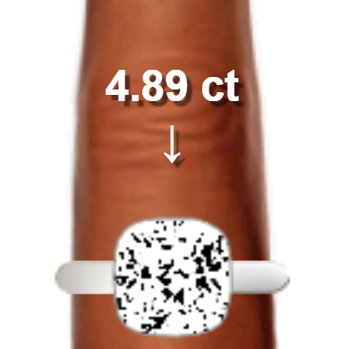 4.89ct cushion diamond (9.89&times;9.89mm) shown on ring and finger