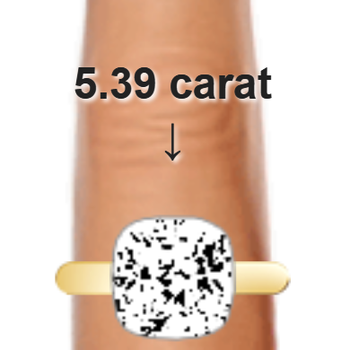 5.39ct cushion diamond (10.22×10.22mm) shown on ring and finger