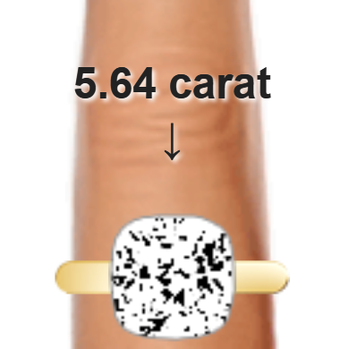 5.64ct cushion diamond (10.37×10.37mm) shown on ring and finger