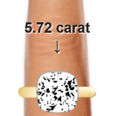 5.72ct cushion diamond (10.42&times;10.42mm) shown on ring and finger