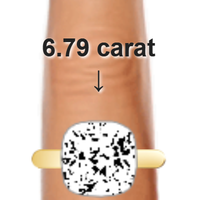 6.79ct cushion diamond (11.03×11.03mm) shown on ring and finger