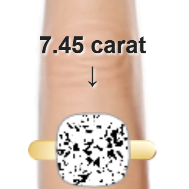 7.45ct cushion diamond (11.38&times;11.38mm) shown on ring and finger