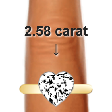 2.58ct heart diamond (9×9mm) shown on ring and finger
