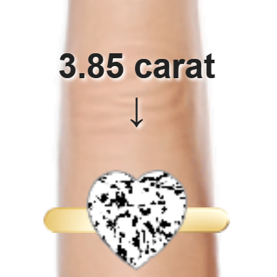 3.85ct heart diamond (10.28&times;10.28mm) shown on ring and finger