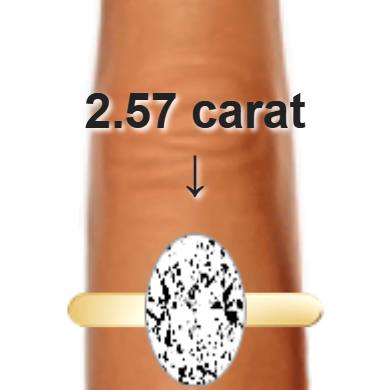 2.57ct oval diamond (11.12&times;7.41mm) shown on ring and finger