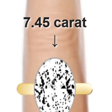 7.45ct oval diamond (15.86×10.57mm) shown on ring and finger