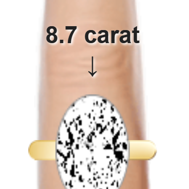 8.7ct oval diamond (16.7×11.13mm) shown on ring and finger
