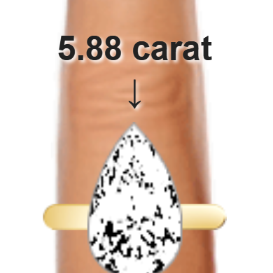 5.88ct pear diamond (16.33×9.84mm) shown on ring and finger