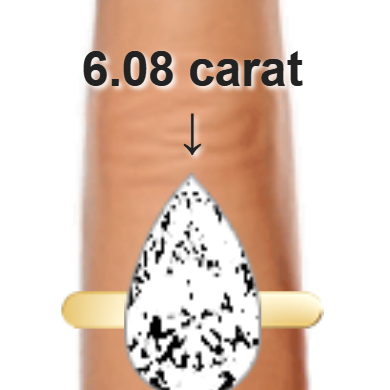 6.08ct pear diamond (16.52×9.95mm) shown on ring and finger