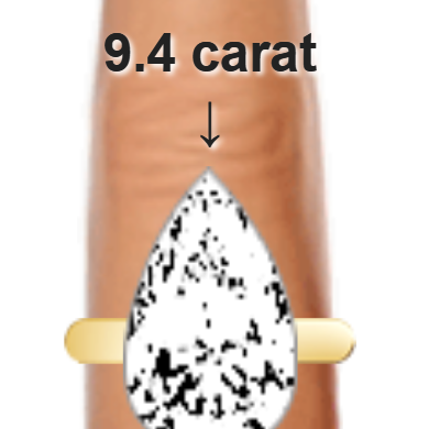 9.4ct pear diamond (19.09×11.5mm) shown on ring and finger