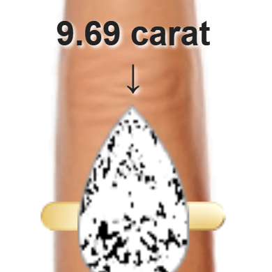 9.69ct pear diamond (19.29×11.62mm) shown on ring and finger