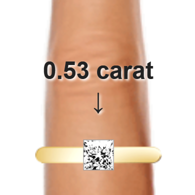 0.53ct princess diamond (4.46×4.46mm) shown on ring and finger