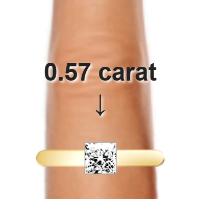 0.57ct princess diamond (4.57&times;4.57mm) shown on ring and finger
