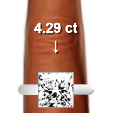 4.29ct princess diamond (8.95&times;8.95mm) shown on ring and finger