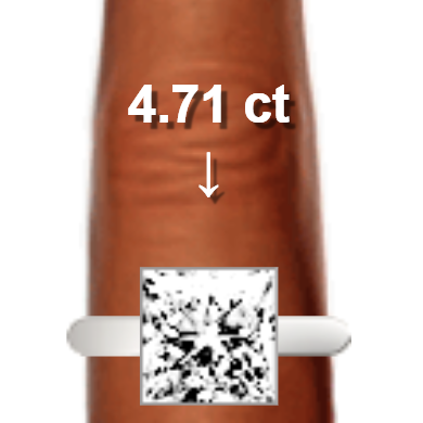 4.71ct princess diamond (9.24&times;9.24mm) shown on ring and finger