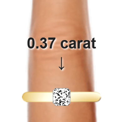 0.37ct radiant diamond (4.15×4.15mm) shown on ring and finger