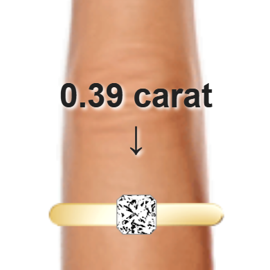 0.39ct radiant diamond (4.22×4.22mm) shown on ring and finger