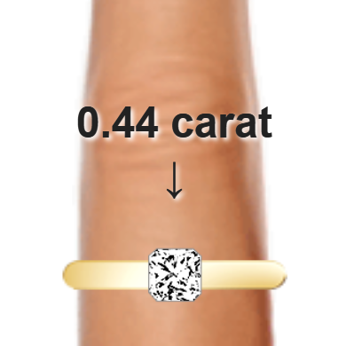 0.44ct radiant diamond (4.39&times;4.39mm) shown on ring and finger