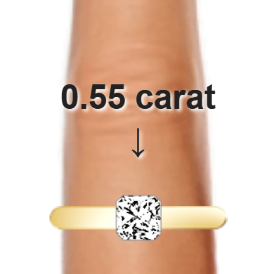 0.55ct radiant diamond (4.73×4.73mm) shown on ring and finger