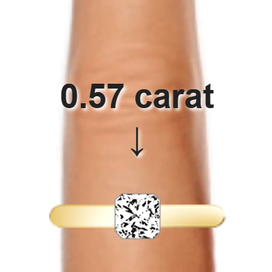 0.57ct radiant diamond (4.79&times;4.79mm) shown on ring and finger