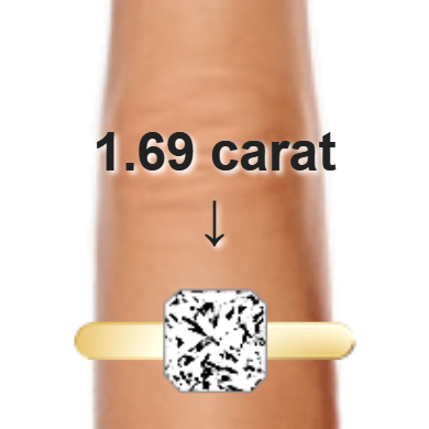 1.69ct radiant diamond (6.88&times;6.88mm) shown on ring and finger