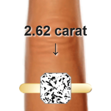 2.62ct radiant diamond (7.97×7.97mm) shown on ring and finger