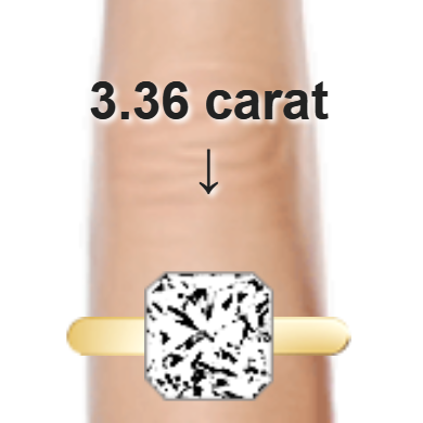 3.36ct radiant diamond (8.65×8.65mm) shown on ring and finger