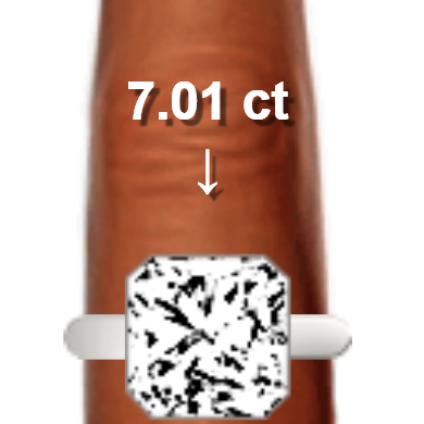 7.01ct radiant diamond (11.06×11.06mm) shown on ring and finger