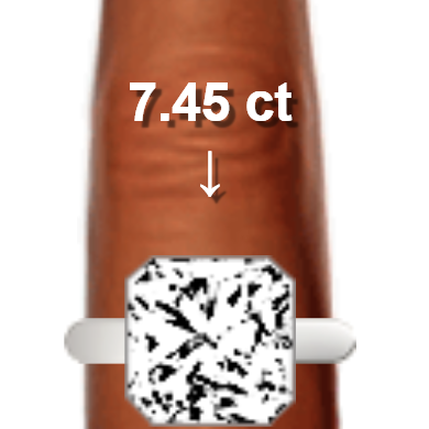 7.45ct radiant diamond (11.28×11.28mm) shown on ring and finger