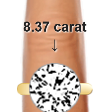 8.37ct round diamond (13.2×13.2mm) shown on ring and finger