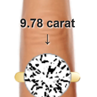 9.78ct round diamond (13.9×13.9mm) shown on ring and finger