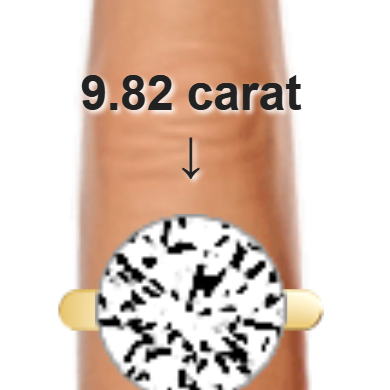 9.82ct round diamond (13.92×13.92mm) shown on ring and finger